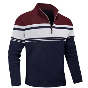 Vente chaude hommes 1/4 Zip léger col en V pull décontracté travail Sport Golf pull Polyester Nylon rayé tricoté pull pull