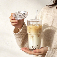 Verre à boisson en verre transparent à rayures verticales, grand format, avec couvercle et paille, pour boissons froides ou café, vente en gros