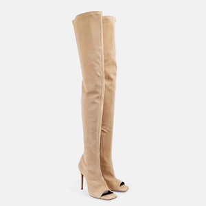 Western Summer Women Thigh High Side Zipper Boots Suede Over the Knee Square Open Toe High Heels Stiletto <b>Shoes</b> - Product Image 4