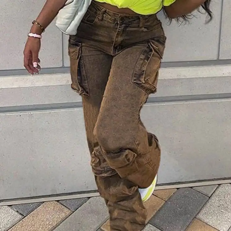Gaun kerja jalanan wanita Fashion musim panas 2023 celana kaki lurus sambungan saku Jeans pinggang tinggi