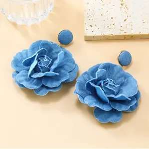 Pendientes de gota de flor de mezclilla de Color azul grande exagerados para mujer chica Jeans Cruz pétalo grandes pendientes colgantes de moda