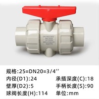 Katup Bola Pph Union Dua Arah Bahan OTEF Tekanan 1.6MPa Ulir Internal Segel Lunak Pipa Air Industri Manual OEM