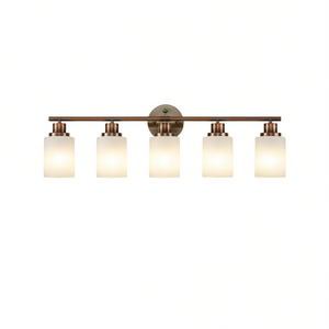 Applique murale moderne à 5 lumières pour salle de bain, 31 pouces, finition cuivrée en fer, verre dépoli, éclairage LED blanc chaud - Product Image 1