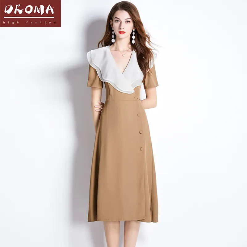 Droma korean style vintage ruffled collar summer fashion short puff sleeves deep v women casual dress