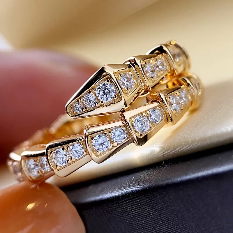 Au750 Cincin Lapis Emas Kuningan Wanita, Perhiasan Cincin Ular Kecil Berlian Penuh Kualitas Tinggi Dapat Diatur