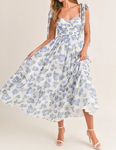 เดรสยาวลายดอกไม้สีฟ้า คอปกสี่เหลี่ยม แต่งระบาย ระบายอากาศได้ดี สไตล์ลำลอง สายผูกเอว สำหรับฤดูร้อน - Product Image 1