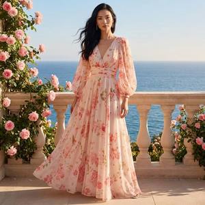 Elegante Abito <span class=keywords><strong>Lungo</strong></span> in Chiffon <span class=keywords><strong>Rosa</strong></span> con Stampa Floreale, Scollo a V, Maniche Lunghe, Vita Morbida, Lunghezza al Pavimento, Sexy e Casual per Uso Quotidiano - Product Image 1
