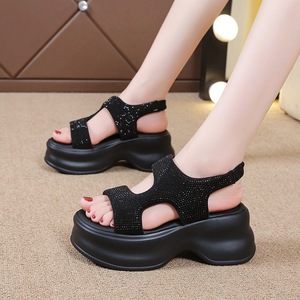 Sandalias de tacón con pedrería plateada, punta abierta, plataforma gruesa, tacón medio, sin cordones, zapatos de verano para mujer - Product Image 4