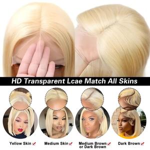 Parrucca per capelli lisci in oro 613 brasiliano per capelli lisci corti 13x4 nero stile <span class=keywords><strong>donna</strong></span> trasparente HD chiusura capelli umani - Product Image 4