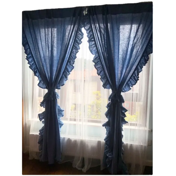 Conjunto de cortinas de hotel com ruffles macrame, estilo americano turco 100% linho