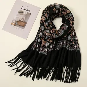 High Quality Embroidery Floral Scarves Women Winter Pashmina Thickened Cashmere Tassel Shawl