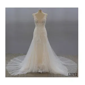 Women's sleeveless halter open back wedding dress long trailing bright silk bridal gown