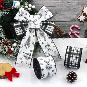 Ruban de Noël à bordure filée, imprimé à carreaux Buffalo noir et blanc, cerf, oiseaux et sapins, pour couronnes et emballages cadeaux - Product Image 2