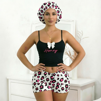 Ensemble pyjama sexy d'été pour femmes, camisole à imprimé léopard, short et chapeau, vêtements de détente ajustés pour femmes, pyjama décontracté doux en 3 pièces