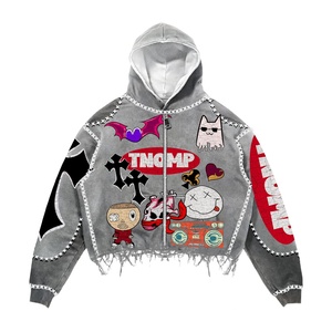 Sudadera con capucha y cremallera personalizada de 500 g/m², de peso pesado, con efecto desgastado por el sol y lavado ácido, oversize, corta y desgastada para hombre, con serigrafía y remaches, para invierno - Product Image 1