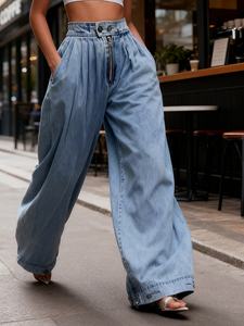 <b>Women</b> Denim Harem <b>Jeans</b> Casual High Waist Wide Leg Baggy Solid Color Trousers with Pockets Breathable Slight <b>Stretch</b> Fabric - Product Image 2