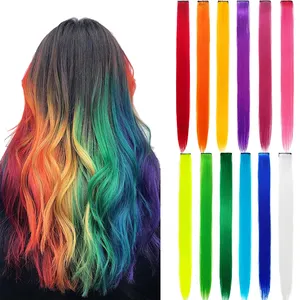 Clip In Hair Extensions for Girls Long Rainbow Straight Hairpiece Clip In Multi-colors Party Highlights Synthetic Hair