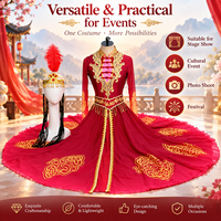 Costume de danse folklorique du Xinjiang pour femmes, dégradé rouge professionnel, broderie dorée de luxe, robe de scène avec coiffe