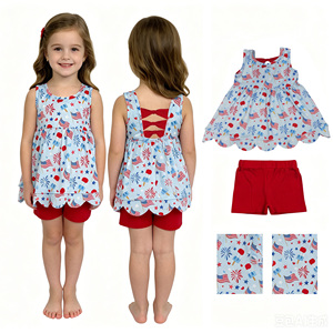 Conjunto de Boutique al por Mayor para Niñas Pequeñas: Top Túnica con Volantes y Tirantes Bordados Estilo Americano y Pantalones Cortos Azules para el 4 de Julio - Product Image 5