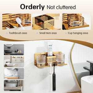<b>Wall</b>-Mounted Brass <b>Toothbrush</b> <b>Holder</b> with Double Cup <b>Holders</b> Contemporary Luxury Bathroom Organizer Space-Saving Design - Product Image 5