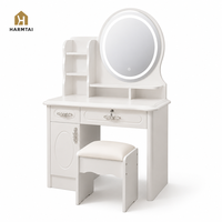 HarmTai JS20 Coiffeuse ronde nordique à LED avec miroir, meuble de rangement écologique et tabouret en bois