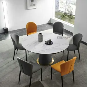 高级陶瓷顶级碳钢黑色腿金色底座圆形旋转延伸餐桌8座现代家庭餐桌