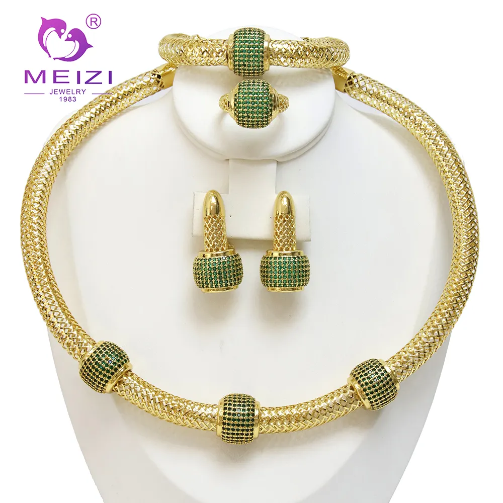 MEIZI latest Ethiopian Traditional Jewelry Gold Necklaces Earrings Set fancy bridal stylish rhinestone zircon jewelry sets