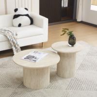 Ensemble de tables basses gigognes rondes, plateau en MDF avec autocollant travertin jaune, base cylindrique cannelée, tables d'appoint modernes pour salon