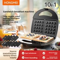 Machine à petit-déjeuner multifonction 10-en-1 en plastique, gaufrier, machine à sandwichs et à beignets à double plaque pour usage domestique, revêtement antiadhésif