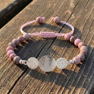 Pulsera de Oración Católica de <span class=keywords><strong>San</strong></span> <span class=keywords><strong>Benito</strong></span>, Zebra Rosa Natural, Acero Inoxidable, Cruz de <span class=keywords><strong>San</strong></span> <span class=keywords><strong>Benito</strong></span>, Medalla, Regalo Religioso - Product Image 3