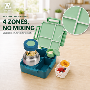 Boîte à lunch pour enfants Zhenneng, boîte bento à 4 compartiments, compatible <span class=keywords><strong>micro</strong></span>-<span class=keywords><strong>ondes</strong></span>, avec gobelet à sauce, passoire et pot isotherme pour enfants - Product Image 1
