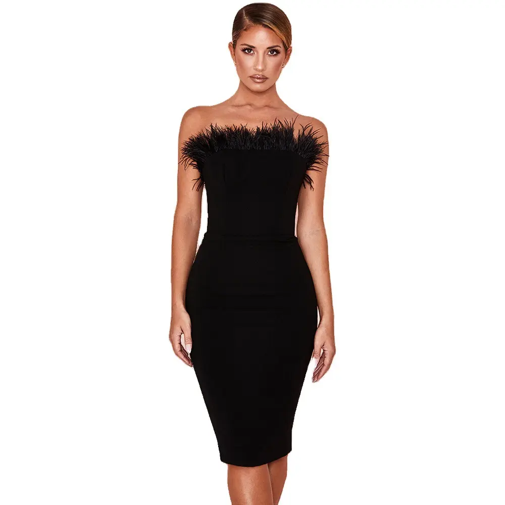 Summer Mini Black Off The Shoulder Solid Color Sleeveless Wrapped Chest Feathers Embellished Bodycon Dress 2023 Bandage Dresses