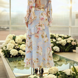 <span class=keywords><strong>Robe</strong></span> <span class=keywords><strong>longue</strong></span> maxi pour femme à col nœud papillon, motif floral tissé, manches longues à volants, superposition irrégulière de volants, décontractée, pour soirée et vacances, antistatique - Product Image 5