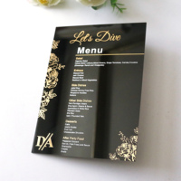 Tarjeta de Menú de Boda de Acrílico Negro Espejo Personalizada de Lujo con Texto Blanco y Diseño Floral Dorado, Tarjetas de Invitación de Boda
