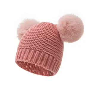 定制标签儿童针织豆豆帽婴儿帽，带双层人造毛皮绒球
