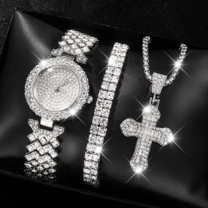 Montre décontractée à quartz pour femme, de haute qualité, <span class=keywords><strong>pas</strong></span> chère, avec cadran rond, strass et croix en diamant <span class=keywords><strong>argent</strong></span>é, ensemble de 3 pièces - Product Image 5