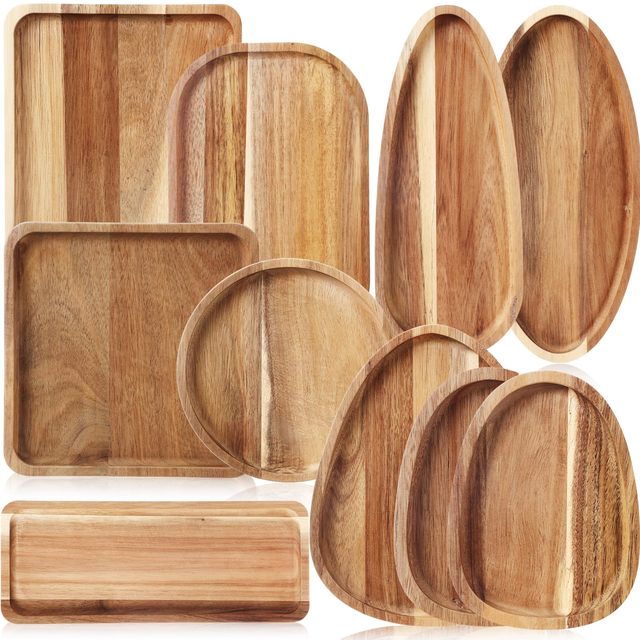 10 Pcs Acacia Wooden Plates Different Shapes Wooden Serving Platter Wooden Dishes for Snacks, Desserts, Fruit