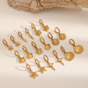 ต่างหูแฟชั่นทรงหยดน้ำ ชุบทอง ดีไซน์ปลาดาวและเปลือกหอย ทำจากสแตนเลส เหมาะสำหรับงานปาร์ตี้ ประดับเพชรซิร์คอนขนาดเล็ก - Product Image 1