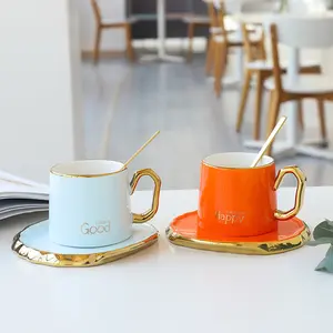 Tasse à café style nordique en céramique, accessoire de mode, créatif, poignée dorée irrégulière, en porcelaine, tasse à café ou thé, ensembles de soucoupes, céramique