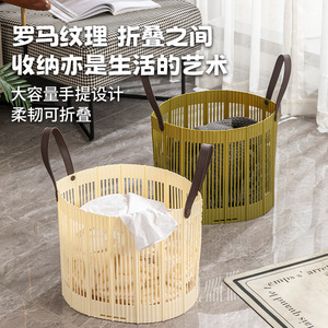 <b>Foldable</b> Laundry <b>Basket</b> Round Beige Green Clothes Storage Organizer Household Collapsible Bathroom Use - Product Image 4
