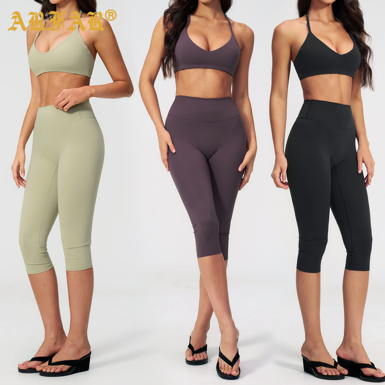 Butter Soft Women Seamless Activewear Halter Neck Gym Sports Bra High Waist Capri Leggings Gym Yoga Set for Pilates Fitness
