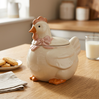 Ensemble de cuisine vintage en céramique avec motif de poulet à ruban rose 3D, accessoire de Noël, pot à bonbons et à biscuits avec couvercle