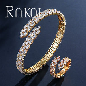 RAKOL SP3006 Unique Cool Style Rose Plaqué Or Trois Rangées Micro Incrusté Zircone Bracelet Ouvert Ensemble de Bagues - Product Image 6