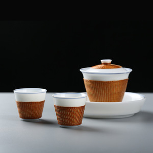 Chinese Style Bamboo Woven Porcelain Teacup And Gaiwan <b>Set</b> For Kung Fu <b>Tea</b> With Lid White Porcelain Cylinder Shape - Product Image 1