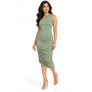 Vestido Casual de Fiesta para Mujer, Manga Corta, Cuello Redondo, Fruncido, Ajustado, Largo hasta la Rodilla, Ecológico, Moderno, de Spandex, Color Verde Sólido - Product Image 1