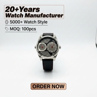 Montre pour homme à double fuseau horaire, boîtier en acier poli, bracelet en cuir véritable avec maille ajourée, style industriel décontracté, étanche