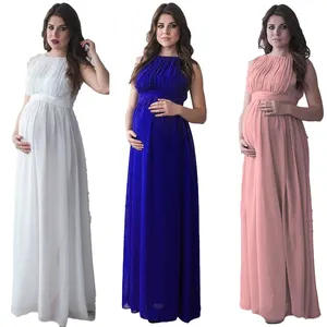 Gaun Bersalin untuk Wanita, Pakaian Ibu Hamil Sifon Tanpa Lengan Panjang dan Tipis Warna Solid