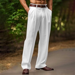 Nuovo da uomo con tasca inclinata a doppia piega in <span class=keywords><strong>lino</strong></span> tinta unita da esterno ogni giorno <span class=keywords><strong>pantaloni</strong></span> larghi a gamba dritta traspiranti - Product Image 1