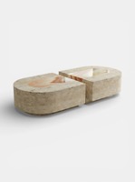 Table basse en travertin, meuble en pierre, socle bas, marbre, salon, luxe, naturel, sur mesure, table basse en onyx blanc