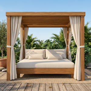Cabane de piscine sur mesure en teck avec lit double et rideaux d'intimité fluides - Product Image 2